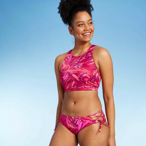 All in Motion Pink Lace Up Tropical Bikini Swimwear Set Size L - Picture 1 of 9